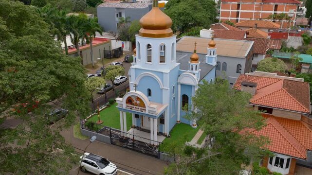 Church Of The Presentation of Mary In The Temple In Encarnaci&oacute;n, Paraguay. Aerial Tilt-up Shot