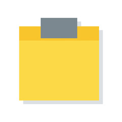 Yellow sticky note with gray clip on white background, office supply