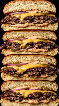 Extreme Macro Closeup of Perfectly Stacked Smash Burger Cross Section Layers