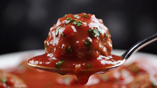 Close up of a single meatball covered in rich red tomato sauce garnished with parsley on a spoon ready to be eaten in a shallow depth of field