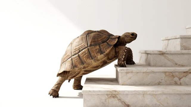 Tortoise climbs marble stairs.