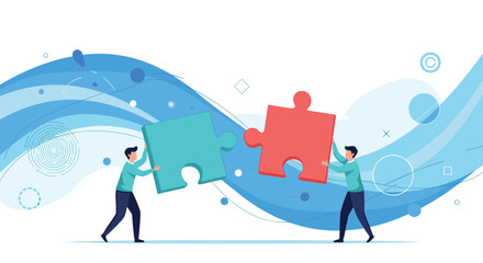 Obraz premium Two focused businessmen work together to connect two large puzzle pieces against a flowing background of abstract blue wave lines.