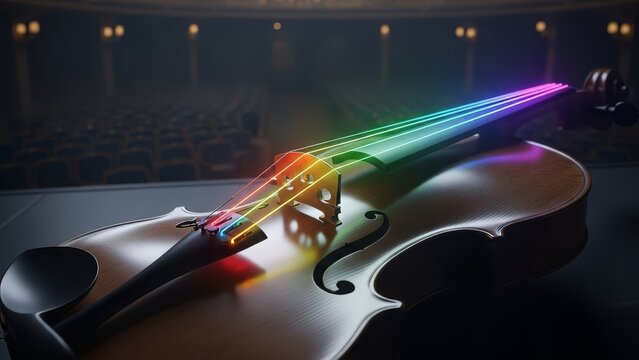 Vibrant rainbow light illuminates violin strings on a dimly lit stage, evoking creativity and passion.