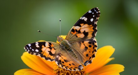 Obraz premium Close up of a colorful butterfly with intricate wing patterns on a yellow flower