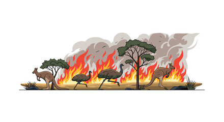 Australian wild animals including kangaroos and emus flee for their lives from a terrifying forest fire with huge flames and smoke.