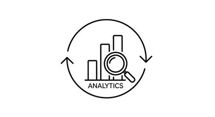 Obraz premium Analytics Icon: Magnifying Glass Over Bar Chart with Arrows, Data Analysis Concept