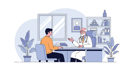 Fototapeta premium Senior male doctor with a beard sitting at his desk and consulting with a young man in a modern medical office.