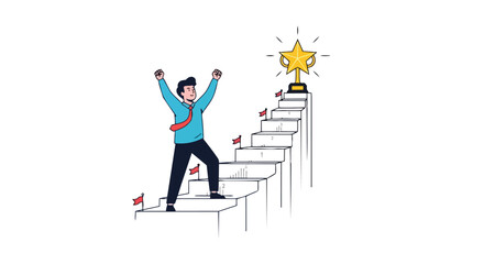 Fototapeta premium Man celebrating achieving top of the stairs with golden trophy as symbol of ultimate success and victory