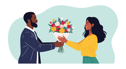 Obraz premium Smiling man giving a beautiful colorful bouquet of flowers to a happy woman against a simple light blue background.