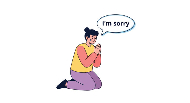 A person on their knees with hands clasped in a pleading gesture, expressing remorse with a speech bubble saying "i'm sorry"