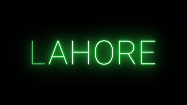 Flickering neon green glowing lahore sign animated on black background.