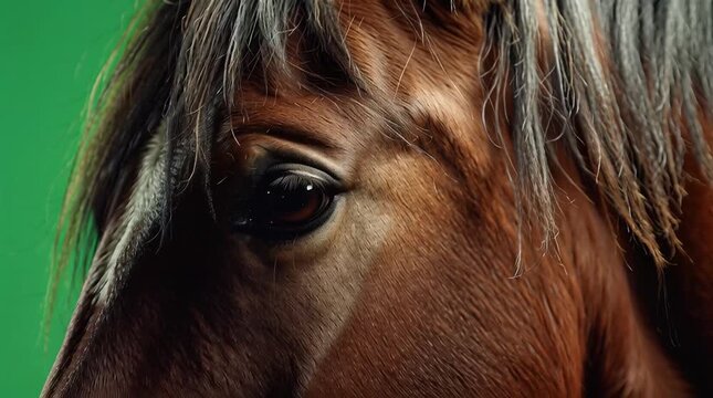 Captivating close-up of a majestic horse's soulful eye, reflecting its profound spirit, beauty, and strength, on a vibrant green screen for creative versatility
