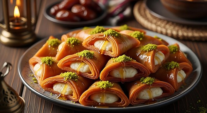 sweet middle eastern qatayef pastries filled with cream drizzled with honey and pistachios served as a festive iftar dessert.