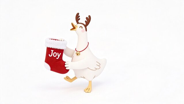 Cute 3D cartoon chicken with deer antlers holding a red Christmas stocking with Joy text festive holiday symbol funny animal mascot winter celebration concept isolated on white