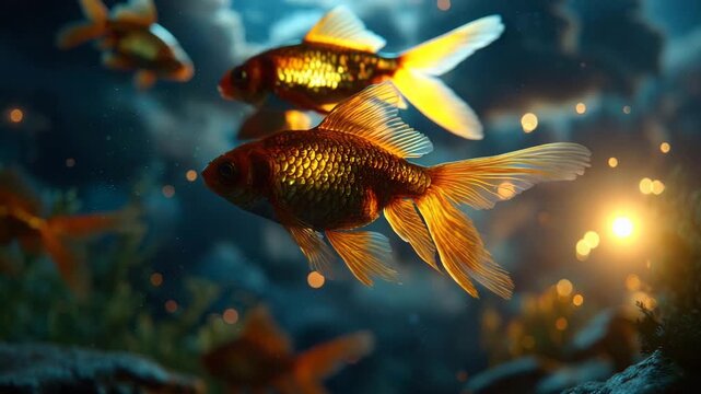 Golden fish swim in dark water with bokeh lights