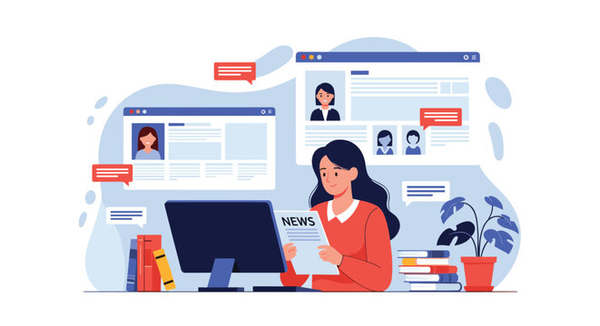 Young woman sitting at a desk with a computer and reading a newspaper while digital news windows float in the background.