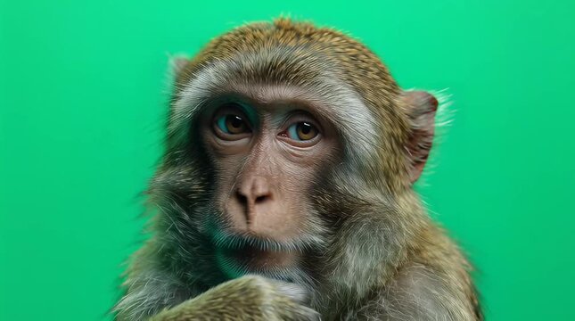 Close-up portrait of a thoughtful young monkey with expressive brown eyes, set against a bright green screen, perfect for educational content or wildlife studies
