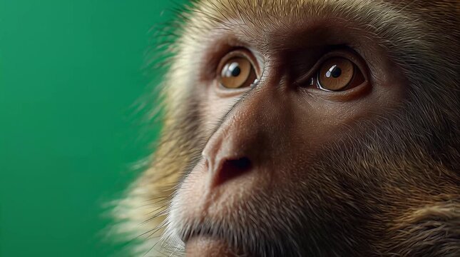Close-up portrait of a thoughtful brown monkey with intelligent eyes looking upwards against a vibrant green background, showcasing primate curiosity and natural beauty