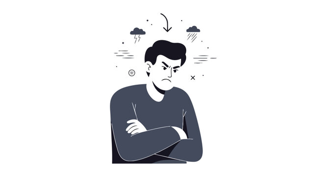 Illustration of an angry man with stormy thoughts and a dark cloud overhead, depicting negative emotions and mental distress