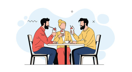 Group of cheerful friends gathers at a modern cafe to enjoy delicious ice cream sundaes and hot coffee during a social outing together.