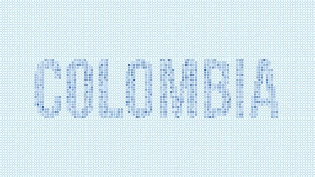 Colombia dotted map animation. Digital style shape of the country. Colombia shape and title dots appear with bulb flickering effect. Intro, outro, logo, title video.