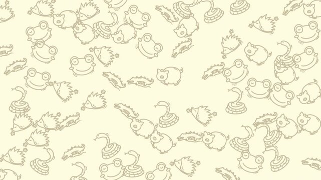 Whimsical light yellow background with a scattered pattern of cute cartoon animal outlines including frogs, hedgehogs, and pigs, perfect for children's designs.