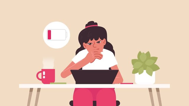 A tired female freelancer, remote worker, or student experiences fatigue and stress. The concept of fatigue and low productivity