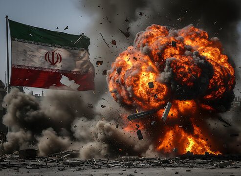 Explosion against the backdrop of the Iranian flag. Geopolitical Conflict & Sci-Fi Military