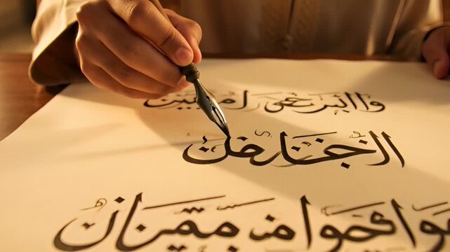 Ancient Calligrapher Skillfully Writing Arabic Script on Parchment in a Traditional Setting.