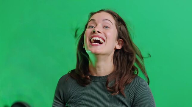 A joyful young woman with her mouth wide open in laughter, her hair tossed back as if she is mid-jump or experiencing a moment of pure elation against a green screen backdrop