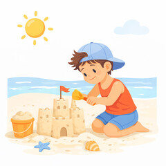 Naklejka premium Happy boy building sandcastle at sunny beach during summer. Young child enjoys ocean vacation under bright sun. Play in sand activity brings joy and creative fun