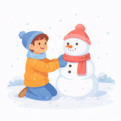 Boy snowman winter snow scarf hat jacket childhood outdoor joy feeling happy building white red blue yellow cold weather activity outside play garden scene nature