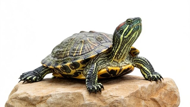 RedEared Slider Turtle Isolated On White Background Sitting On A Stone Detailed CloseUp Of Reptile With Colorful Shell Nature Wildlife Pet Concept Zoology Freshwater Species