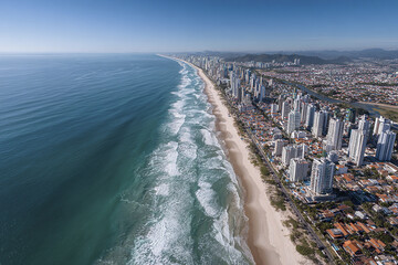 Fototapeta premium Aerial view of long sandy beach with ocean waves rolling in beside densely built cityscape of modern high rise buildings and residential houses under clear blue sky