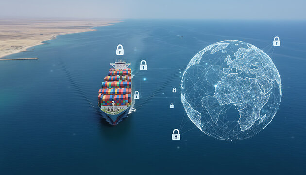 container ship with digital security lock network overlay.Concept of maritime trade protection, logistics cybersecurity, global supply chain safety Blocking the Strait of Hormuz. Global Logistics, Sec