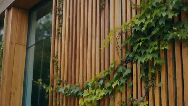 Modern wooden facade with lush green vine climbing up the slats outside a contemporary building with large windows