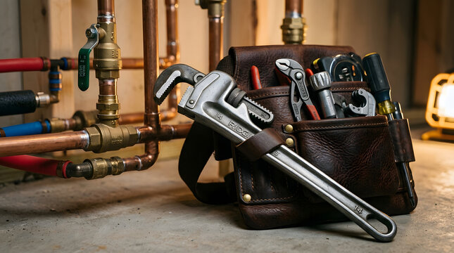 Professional Plumbing Service Concept with Leather Tool Belt, Pipe Wrench, and Copper Water Pipes for Residential Repair