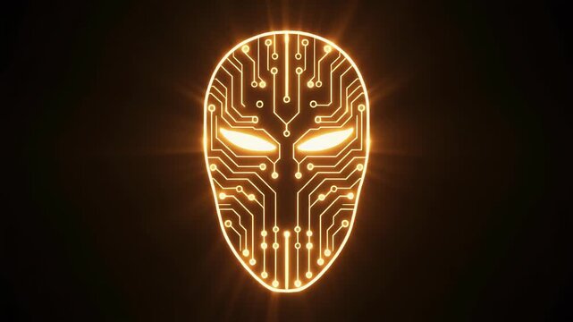 A glowing circuit board face emits light from its eyes, surrounded by darkness, viewed from the front, representing technology and innovation.