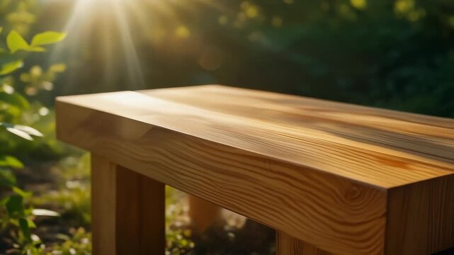 A wooden table stands in a serene garden, bathed in warm sunlight filtering through lush greenery