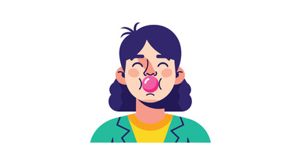 Animated character blowing a large pink bubble gum ball with joy and playful expression on white background