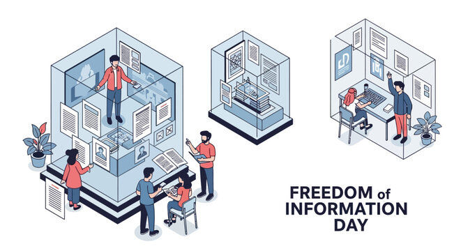 Isometric illustration of people accessing and sharing information in transparent office spaces for Freedom of Information Day with a clean design.