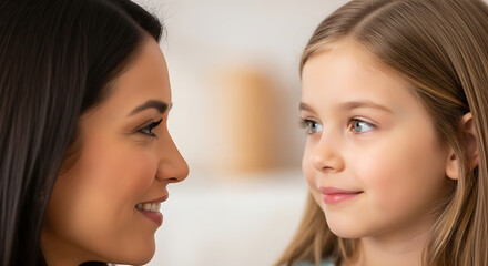 Fototapeta premium Mother and daughter smiling together indoors warm natural light family love bonding