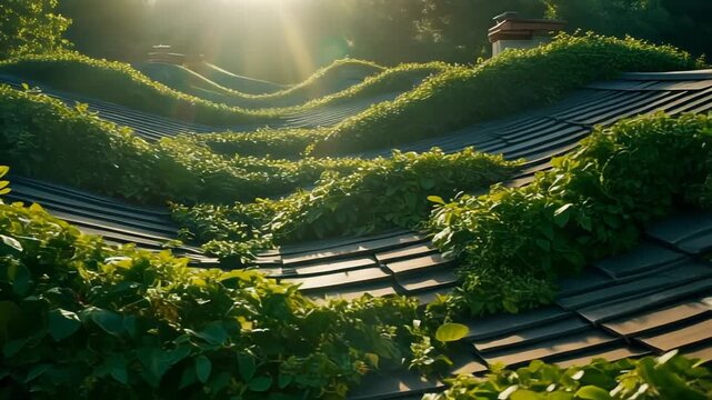 Sunlit green terraced vineyard landscape with lush foliage and wooden slats viewed from above in a serene countryside setting