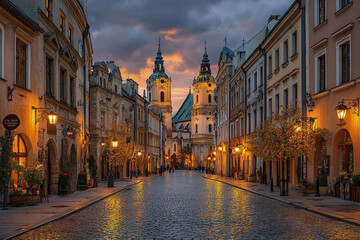 Obraz premium European travel destination street view at twilight with historic architecture and warm street lights reflecting on wet cobblestone pavement creating charming and peaceful atmosphere
