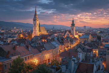 Fototapeta premium European cityscape at sunset with historic architecture, church towers, and warm glowing lights creating peaceful and charming urban atmosphere under colorful sky