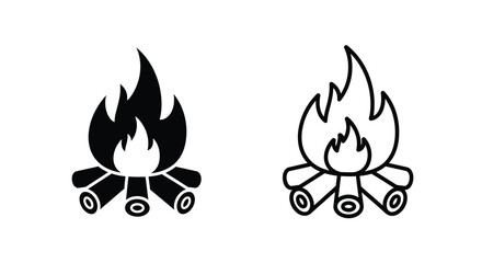 Two contrasting black and white illustrations of a campfire