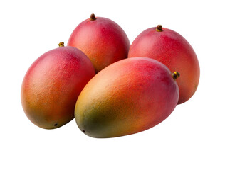 Fototapeta premium Vibrant Red-Orange Mango Quartet Overlapping on Black Background, Symbolizing Tropical Abundance and Elegant Simplicity