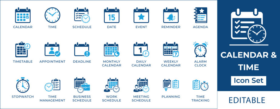 Calendar and time management icon set featuring schedule planning, appointment, deadline, agenda, stopwatch, business timetable, and project event reminders symbols.