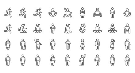 Obraz premium diverse line art people icons collection illustrating human actions poses and lifestyle activities for modern web and app design.