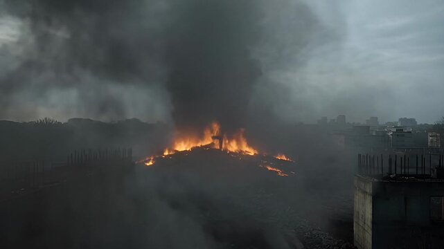 Devastating Fire Rages Outside Window Engulfing Area in Smoke and Flames.